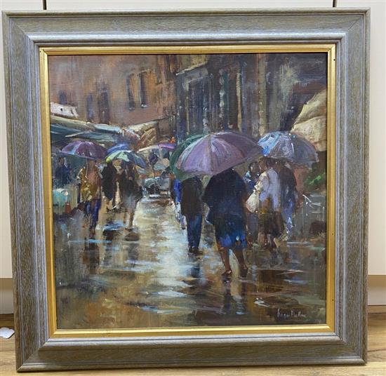 Roger Dellar (Wapping Group), oil on canvas, Rain in the Market, Umbria, signed, Mall Gallery label verso, 48 x 47cm